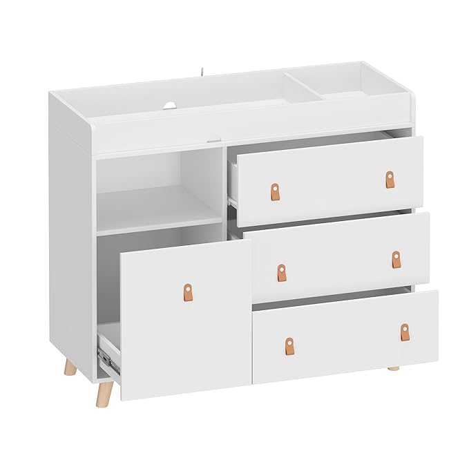 Baby Dresser Changing Table with Drawers,Shelf,Hidden Laundry Basket Storage,2 in 1 Nursery Dresser Chest for Infants, Baby Diaper Changing Station for Daycare,Bedroom,White