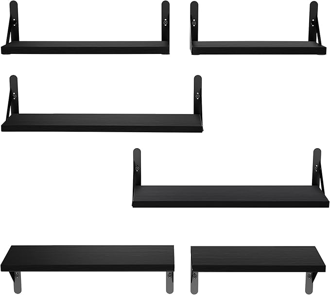 AMADA HOMEFURNISHING Wall Shelves Set of 6, Wood Floating Shelves for Decor, Rustic Farmhouse for Bedroom, Bathroom Storage, Book Shelves for Living Room, Black