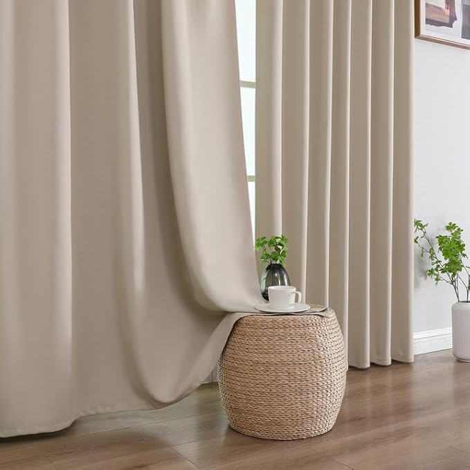 Joydeco 90 Inch Blackout Curtains for Bedroom, Thermal Insulated Black Out Curtains 2 Panels Set, Room Darkening Drapes for Living Room Window Rod Pocket Back Tab (W52 x L90 Inch, Light Beige)