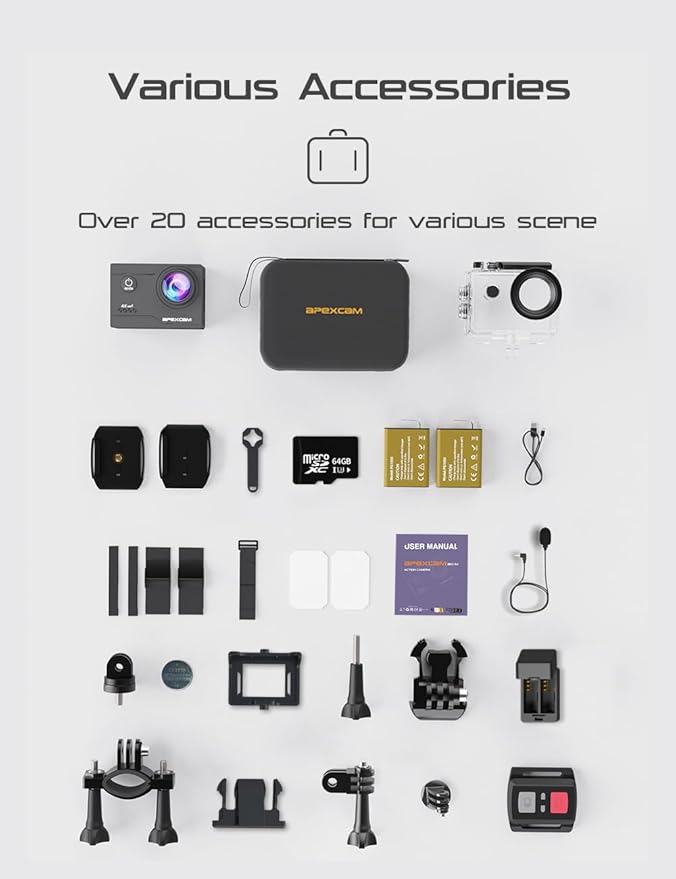 Apexcam Action Camera 4K with 64G SD Card Sport Cameras 20MP 131FT Waterproof Underwater Camera 170°Wide-Angle WiFi Camera with 2.4G Remote Control, 2 Batteries, Mounting Accessories Kits