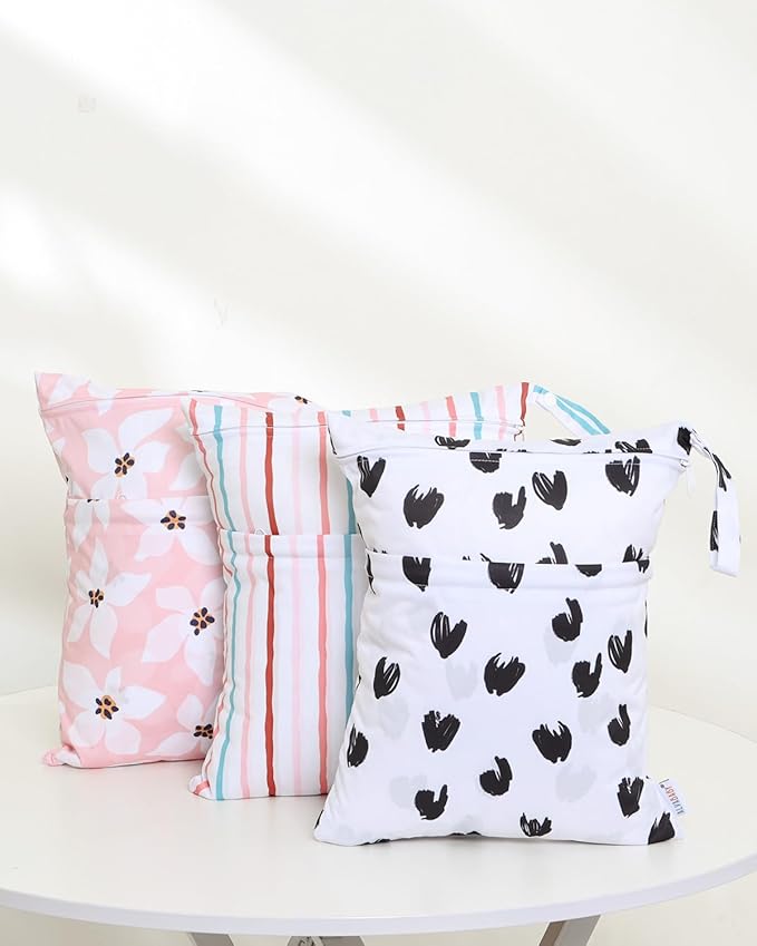 ALVABABY 3 Cloth Diaper Wet Dry Bags Waterproof Reusable with Two Zippered Pockets Travel Beach Pool Daycare Soiled Baby Items Yoga Gym Bag for Swimsuits or Wet Clothes Small Medium Large 3L-ZM26