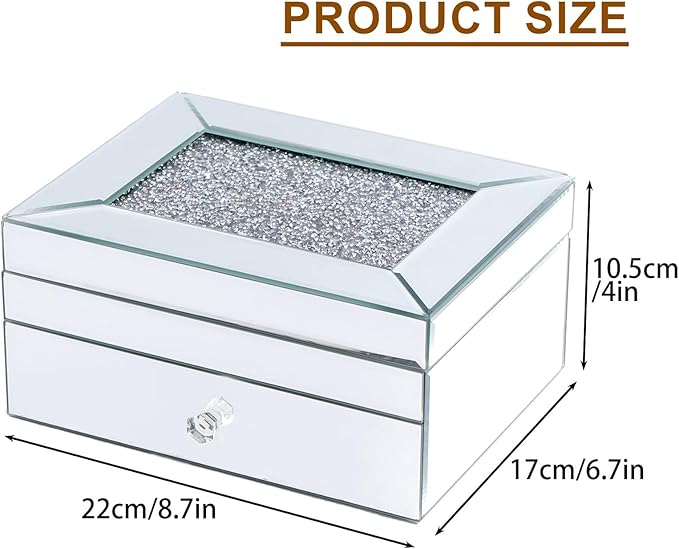 2 Layer Mirror Glass Jewelry Box with Crushed Diamond Decor, Velvet-Lined Trinket Organizer for Rings Earrings Necklaces Bracelets - Elegant Treasure Chest Storage Case for Women Girls