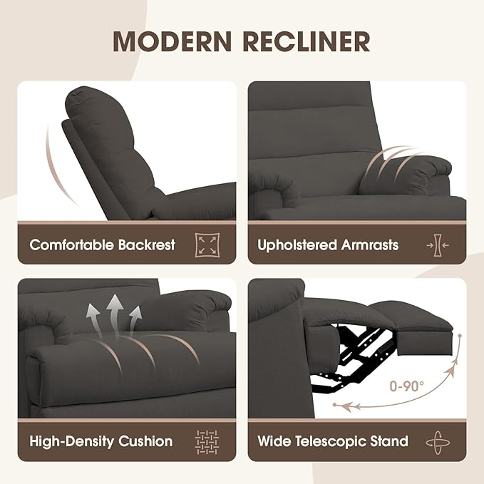 Dark Grey Glider Rocker Recliner,Swivel Rocking Recliner Chair,Glider Rocking Chair,Reclining Sofa Rocking Chair Nursery,23 Inches Deep Seat & 27 inches High Back,for Living Room