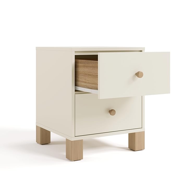 Storkcraft California 2 Drawer Nightstand for Kids Bedroom (Frosted Oat with Driftwood) - GREENGUARD Gold Certified, Premium Wood Storage Nightstand with Elegant, Iconic Block Feet