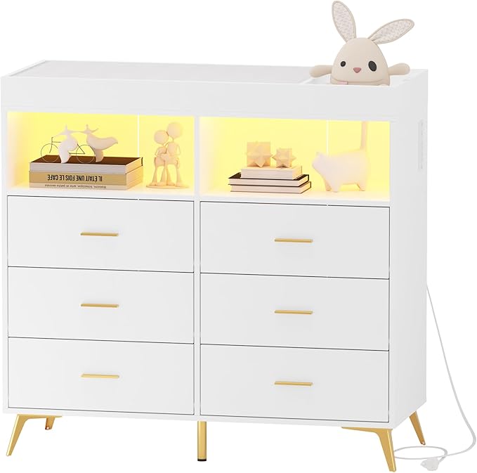 GarveeHome Dresser for Bedroom with 6 Drawers, Baby Changing Table Dresser with Changing Pad, LED Lights & Charging Station, Baby Changing Station with Changing Table Top, White
