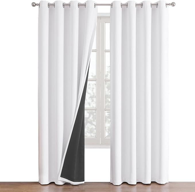 ChrisDowa White 100% Blackout Curtains for Bedroom with Black Liner, 2 Thick Layers Total Blackout Thermal Insulated Grommet Window Curtains 2 Panels Set (Pure White, 52 x 84 Inch)