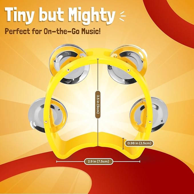 Flexzion Tambourine Hand Bell Percussion Musical Instruments Set of 2 Pack (Red /Yellow), Plastic Music Instrument Half Moon Mini D Handheld Shaker with 4 Pairs Jingle Bells