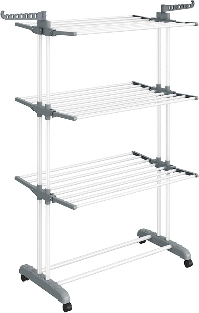 SONGMICS Clothes Drying Rack Stand 4-Tier, Foldable Laundry Drying Rack 68.1-Inch Tall, Steel, Rolling Clothes Horses Dryer Rack, Easy to Assemble, Indoor Outdoor Use, White ULLR701W01