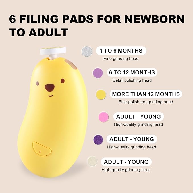 Baby Nail File Electric, Gentle Rechargeable Nail Trimmer, Baby Nail Clippers Grooming Kit Manicure Set for Infant Toddler or Adults, 6 Grinding Head Replacement Pads Yellow