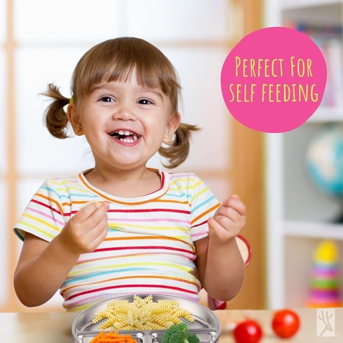 Elk and Friends Stainless Steel Divided Plates with Silicone Sleeve for Babies & Toddlers | Lids Included | Stay Put Suction | Dinner & Snack Plates | 2 Pack