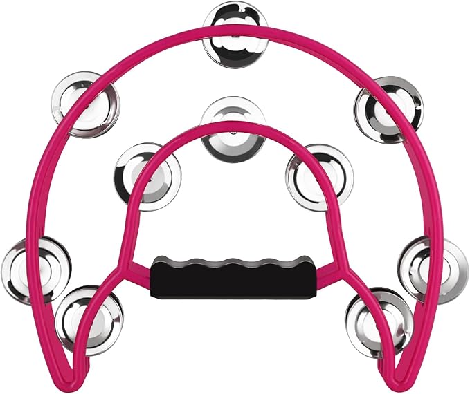 EastRock Double Row Tambourine,Metal Jingles Hand Held Percussion-Half Moon Tambourine for Adults, KTV, Party Pink