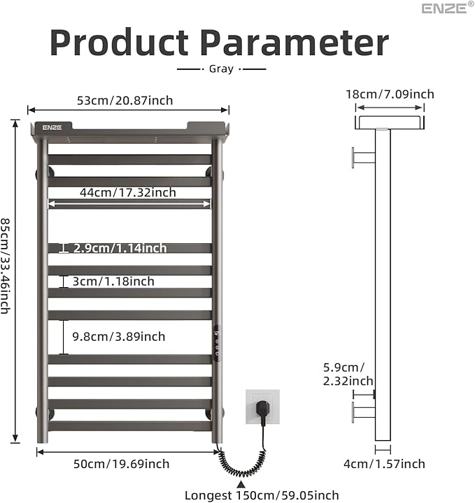 ENZE Heated Towel Rack with Shelf and Wi-Fi App Control, 11 Bars Electric Wall Mounted Towel Warmer with Timer & Adjustable Temperature, Low Carbon Steel, Plug-in/Hardwired, Gray