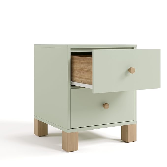 Storkcraft California 2 Drawer Nightstand (Sage with Driftwood) - GREENGUARD Gold Certified Nightstand for Kids Bedroom, Premium Wood Storage with Elegant, Iconic Block Feet