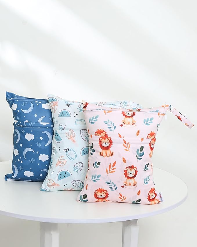 ALVABABY 3 Cloth Diaper Wet Dry Bags Waterproof Reusable with Two Zippered Pockets Travel Beach Pool Daycare Soiled Baby Items Yoga Gym Bag for Swimsuits or Wet Clothes Small Medium Large 3L-ZM29