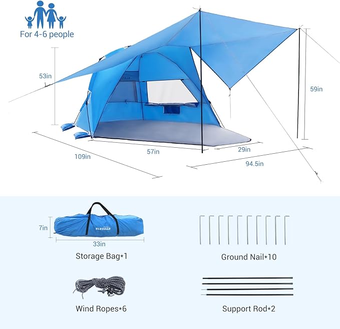 Elegear Beach Tent with Canopy, 1-Second Setup Pop Up Sun Shelter Shade, UPF 50+ UV Protection Silver-Coated Lightweight Portable Beach Cabana