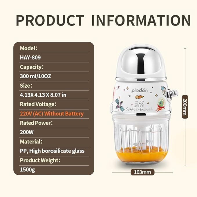 Baby Food Maker Mini Cute and Small Food Processor Puree Blender Grinder Chopper 1.2 Cup Glass Bowl with 6 Blade Electric (Spaceman-White(One Bowl))
