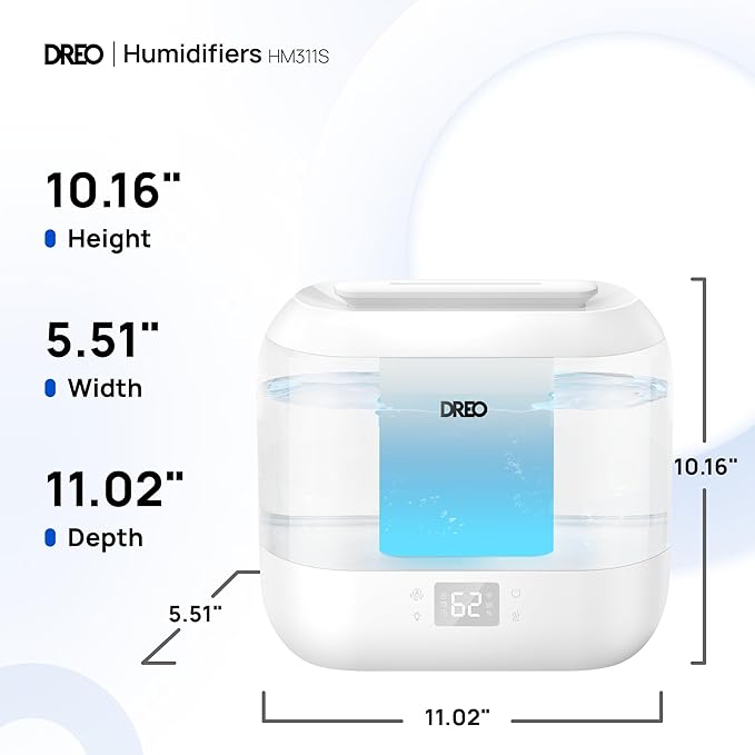 Dreo Smart Humidifier, Cool Mist Humidifiers for Bedroom, Quiet 4L Top Fill Ultrasonic Humidifiers for Home Office Plant & Baby with Nightlight, LED Display, 36H Runtime, APP/Voice Control, HM311S
