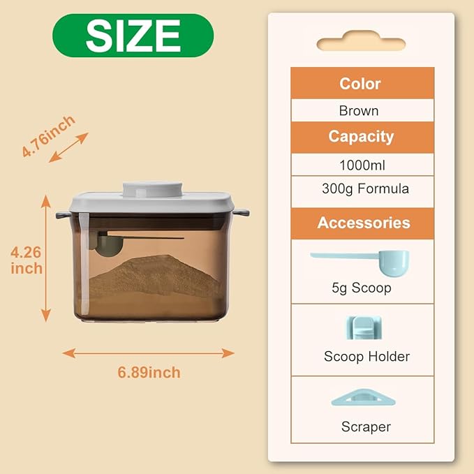 Ankou Airtight Formula Container-1000ml/400g Formula Dispenser with Lids, BPA-Free Food Storage Containers, One Button Handy Milk Powder Dispenser with Scoop and Scraper, Dark Brown