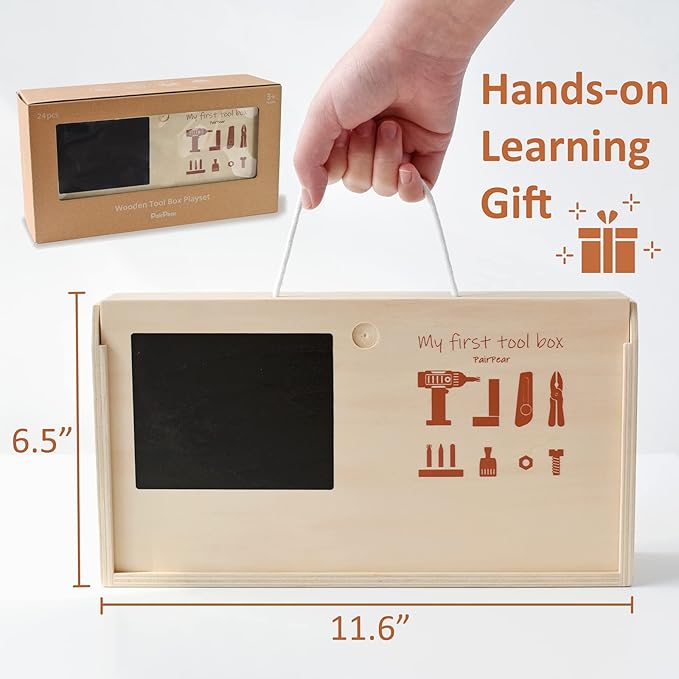 PairPear Kids Tool Set,Wooden Toy Tool Box with Toy Drill,Wooden Tool Kit Toddler Construction Toys Workbench Pretend Play Gift for Boys Girls 3 Years and Up.
