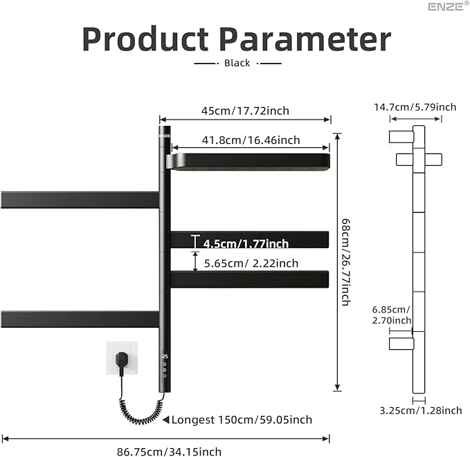 ENZE Smart Rotating Heated Towel Rack for Bathroom, Wall-Mounted Electric Towel Dryer with Swivel Bars & Shelf, Smart Timer, Low Carbon Steel, Plug-in/Hardwired, Towel Warmer with Wi-Fi App Control