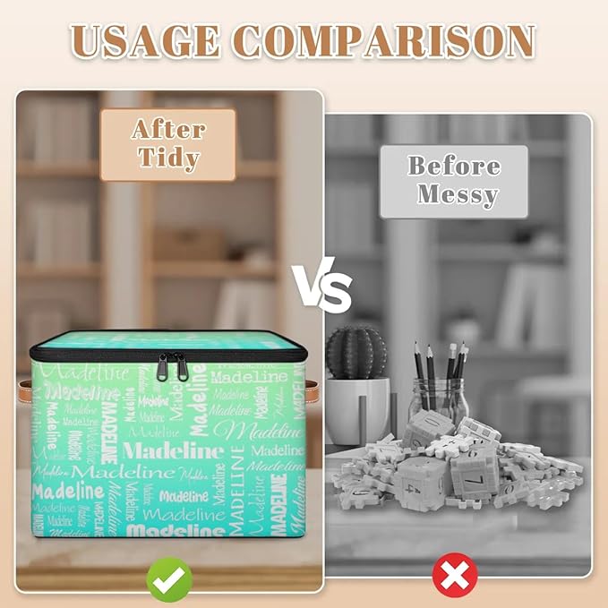 Custom Storage Basket with Name, Personalized Storage Bins with Zipper Lid, Foldable Fabric Storage Box Large capacity with Handle Green Blue