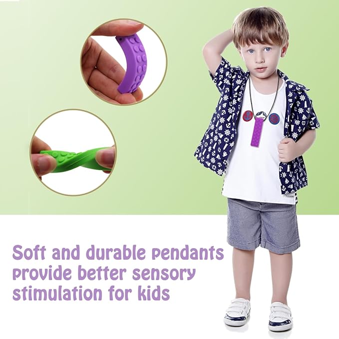 Chew Necklaces for Sensory Kids, 5PCS Building Block Silicone Chewy Necklace for Boys and Girls with Autism Biting Chewing, BPA Free Teether Toys for Baby Toddler and Infant Teething