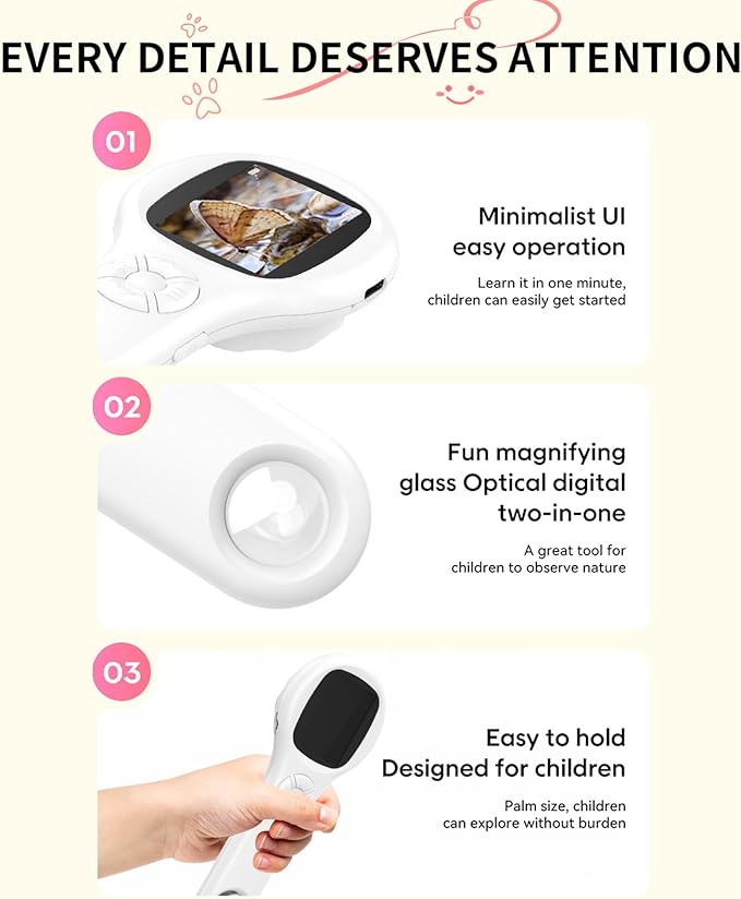 Handheld Coin Microscope-Educational Science Kit - Mini LED Pocket Bug Magnifying Glass for Kids(5-10 Years) - Durable Design - Birthday Gift for Boys&Girls (White)