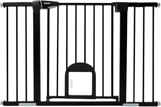 Babelio 36.5-57" Extra Wide Baby Gate with Cat Door,Auto Close&Two Way Swing,Pressure Mounted Dog Gates for Stairs,Doorways,Includes 4 Wall Cups and 3 Extension Pieces,Black