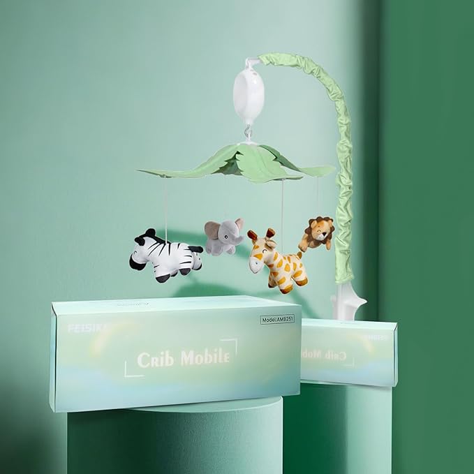 Feisike Jungle Safari Baby Crib Mobile with 35 Soothing Lullabies & 3 Modes - Adjustable Nursery Mobiles for Boys & Girls, Animal-Themed Nursery Decor Musical Mobile for Crib or Bassinet