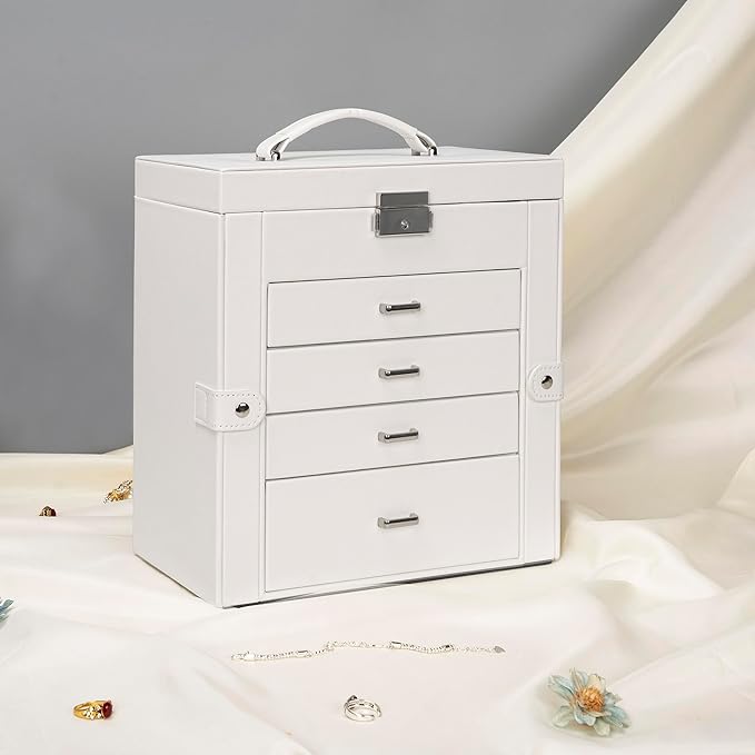 AKOZLIN 5-Tier Jewelry Box Lockable Leather Jewelry Storage Case with 4 Drawers for Women Girls Ring Necklace Earring Bracelet Watches Holder Organizer with Mirror