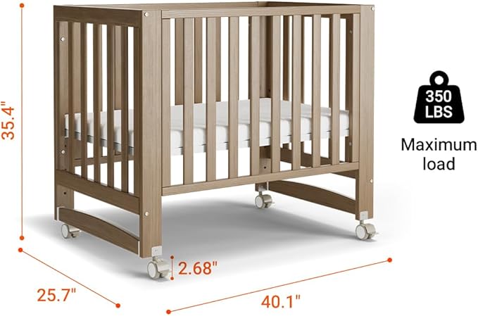 EvoNest Baby Crib, 6 in 1 Convertible Mini Crib with Wheels, 100% New Zealand Wood Growing Bed, 4 Adjustable Mattress Height,Walnut Brown (Walnut Brown)
