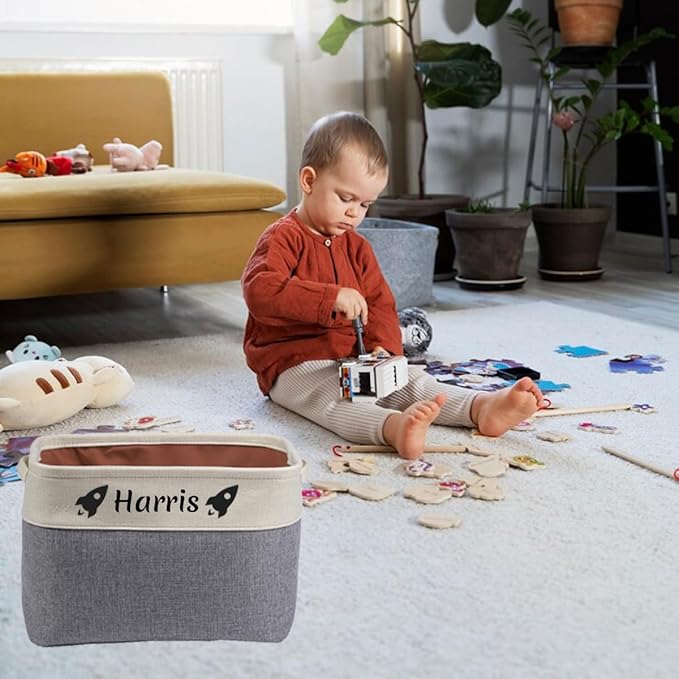 Personalized storage boxes for children Customize the name and icon, A foldable storage box bins for children's clothes, toys, books, etc Storage baskets suitable for both boys and girls (Blue)