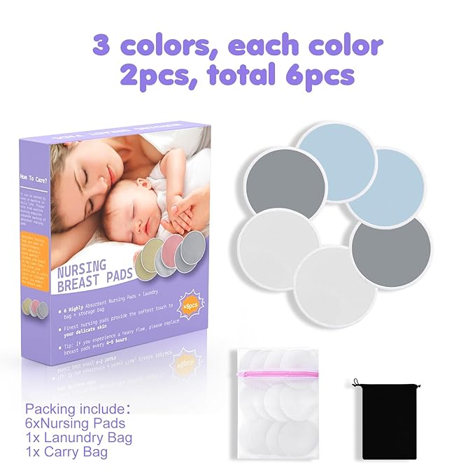 6 PCS Reusable Nursing Pads – Washable Breast Pads for Breastfeeding, Soft & Super Absorbent with Laundry Bag and Travel Bag, Nipple Pads for Postpartum Essentials
