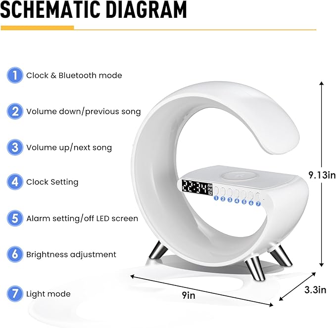Smart LED Table Lamp, 4-in-1 Wireless Charger, Night Light, Alarm Clock, and Bluetooth Speaker with App Control for Bedroom, Office, and Home Decor (White)