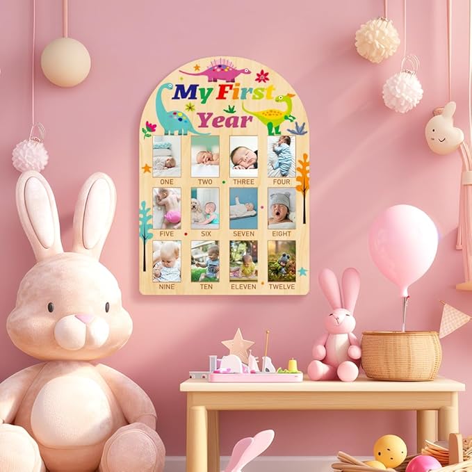 ORIGACH My First Year Baby Growth Photo Display Wood Board - 12 Months Newborn Milestones Photo Board - Neutral Baby Keepsake Board 1st Birthday Party Nursery Decor New Mom Gift - Dinosaur