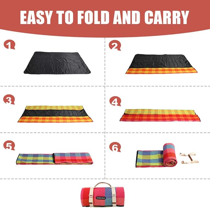 G GOOD GAIN Waterproof Picnic Blanket Portable with Carry Strap for Beach Mat or Family Outdoor Camping Party (red Plaid)