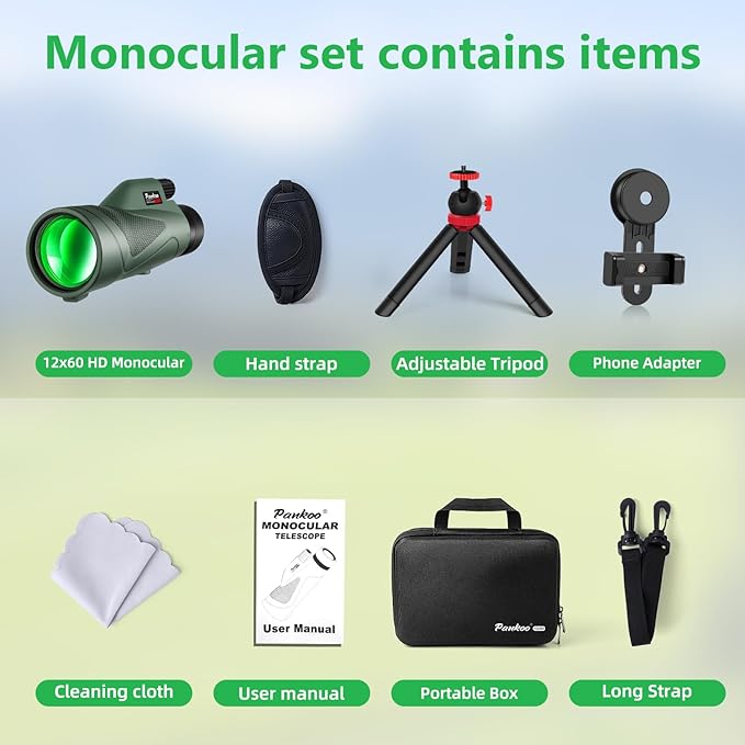 Pankoo 12x60 HD Monocular Telescope for Adults | Comes with Smartphone Adapter Tripod Hand Strap | Suitable for Bird Watching Sports Hiking Traveling