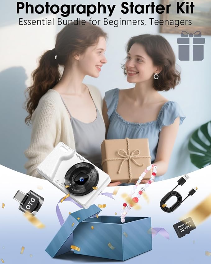 Digital Camera with Front Rear Lens, Autofocus 64MP 4K Camera for Photography with 32GB Card, Portable Compact Point and Shoot Camera for Teens Adult Beginner with Metal Shell, 2000mAh Battery