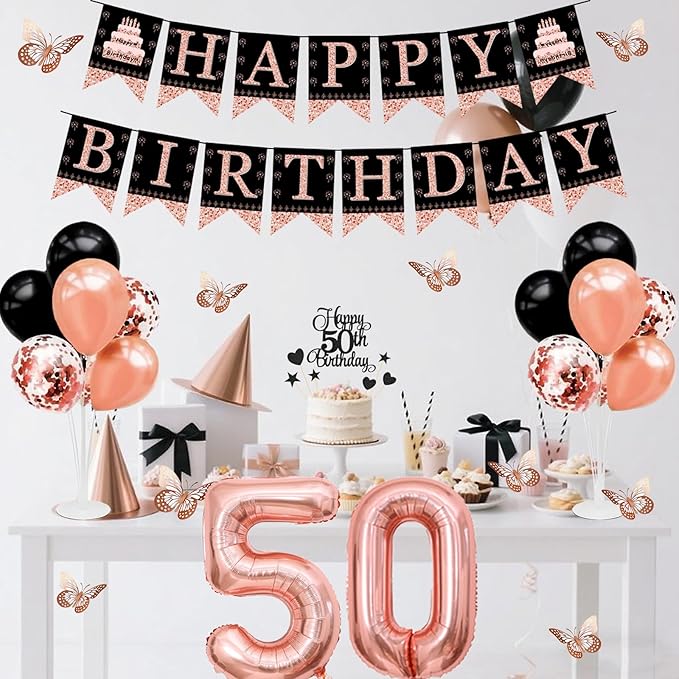 50th Birthday Decorations for Women - 56pcs Rose Gold Happy 50th Banner, 50th Birthday Crown Sash, Cake Topper, Number 50 balloons, 3D Butterflies, 4 Balloon Stands kits