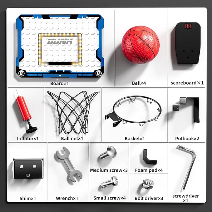 Indoor Basketball Hoop for Kids, Over The Door Mini Basketball Hoops, LED Light Mini Hoop with Scoreboard & 4 Balls, Kids Basketball Hoop Sport Toys Gifts for 5 6 7 8 9 10 11 12+Year Old Boys