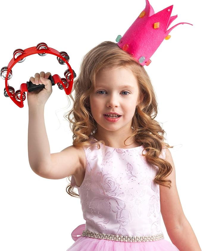 EastRock Tambourine Metal Jingles Hand Held Percussion Half Moon Tambourine for Kids, Adults, KTV, Party Red