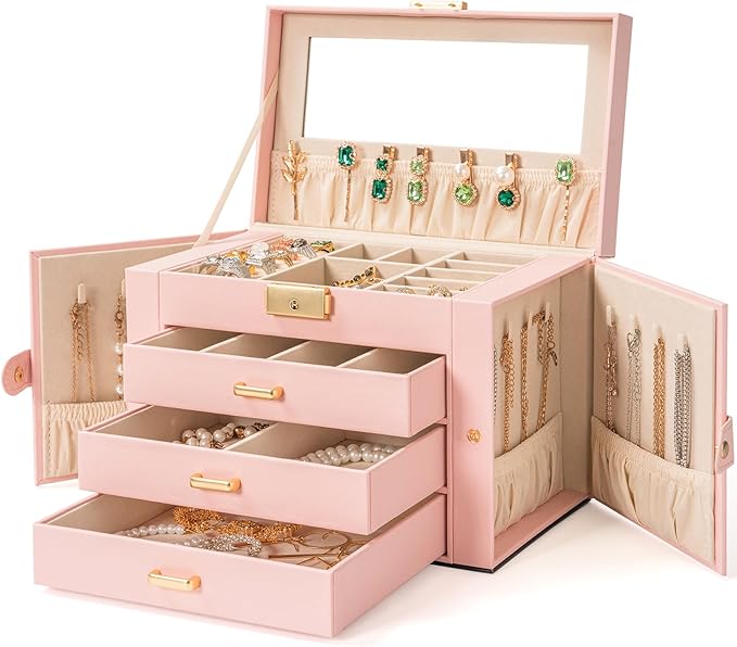 AKOZLIN Large 4-Tier Jewelry Box Leather Jewelry Storage Organizer with 3 Drawers Lockable for Women Girls Ring Necklace Earring Bracelet Watches Holder with Mirror Pink