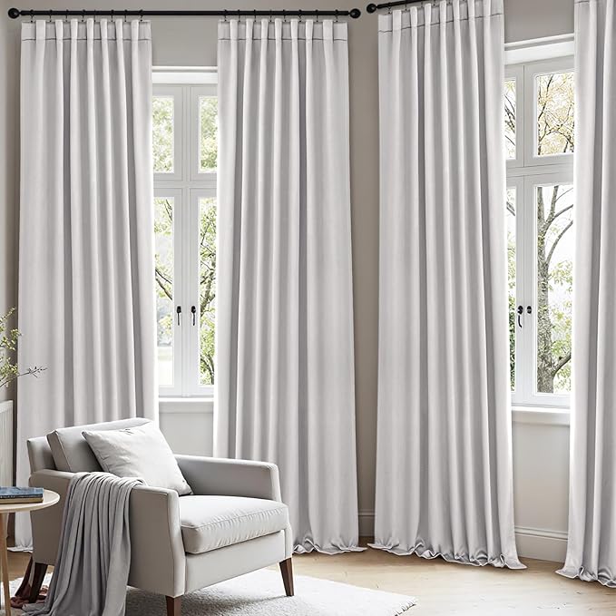 ANRODUO Back Tab Blackout Curtains for Bedroom Living Room, Rod Pocket Pinch Pleated Thermal Insulated Room Darkening Curtains 90 Inches Long 2 Panels, Greyish White, 42 x 90 Inch