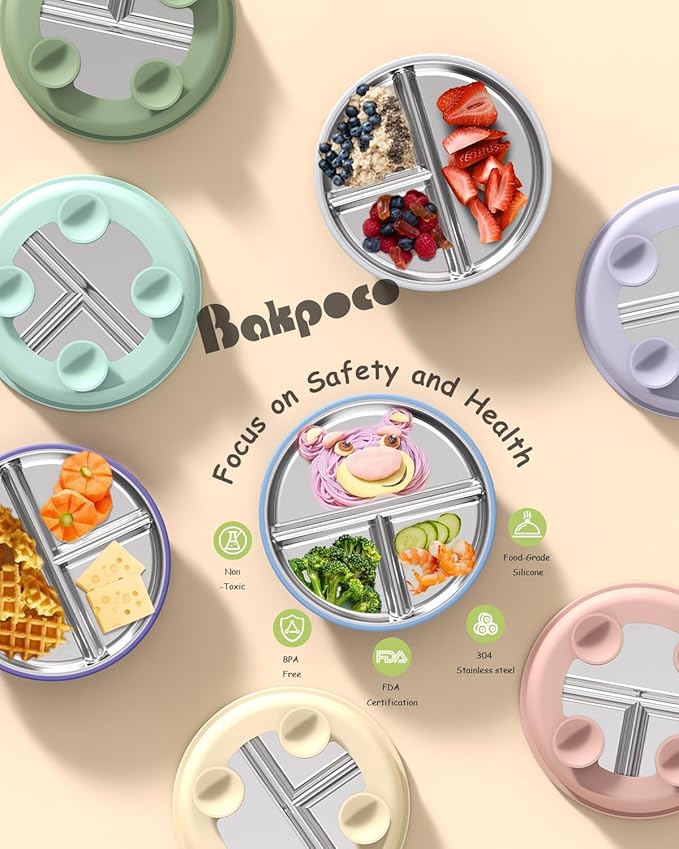 8” Stainless Steel Toddler Plate with Suction, Divided Plates with Removable Silicone Sleeves for Kids, Non Toxic & BPA Free | Non Slip | Unbreakable Baby Snack Dishes Set of 2, Blue & Sage