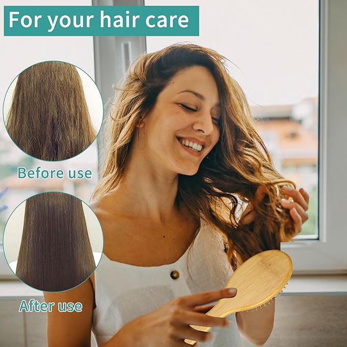 Bamboo Hair Brush and Comb Set for Women Men and Kids,Natural Bamboo wood Wide-tooth brush and tail comb - Paddle Detangling Brush for Wet Dry Curly Hair
