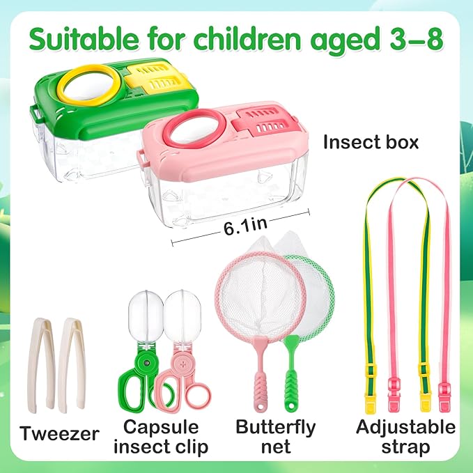 2Sets Bug Catcher for Kids - Sturdy Kids Bug Catching Kit Gifts with Collector Butterfly Net Tweezer, Bugs Habitat Outdoor Explorer Kit for Age 3 4 5 6 7 8, 8Pcs, Green & Pink