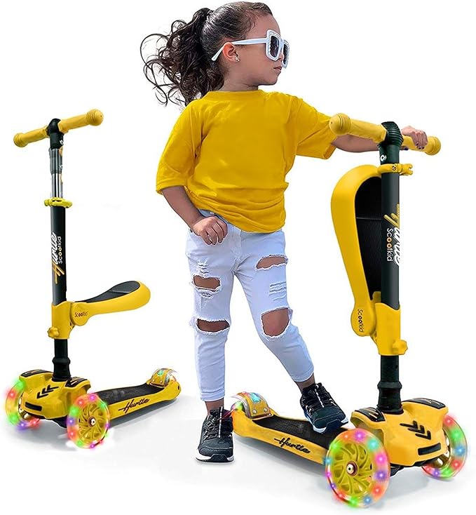 Hurtle 3-Wheeled Scooter for Kids - Wheel LED Lights, Adjustable Lean-to-Steer Handlebar, and Foldable Seat - Sit or Stand Ride with Brake for Boys and Girls Ages 1-14 Years Old