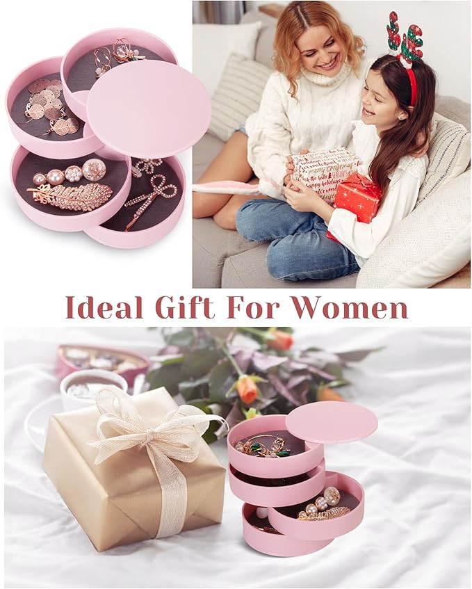 CONBOLA Jewelry Organizer, Small Jewelry Storage Box Earring Holder for Women, 4-Layer Rotating Travel Jewelry Tray Case with Lid for Bracelets Rings Bracelets, Gift for Women Teen Girls