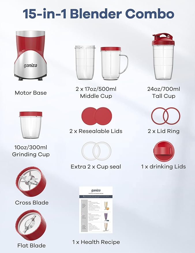 Ganiza Smoothie Blender, 900W Blenders for Shakes and Smoothies, 15-Piece Personal Blender and Grinder Combo for Kitchen, Smoothies Maker with 4 BPA-Free Portable Cup, Nutritious Recipe Red