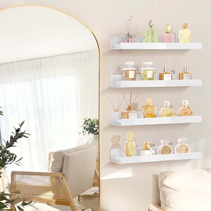 4 Pack 15 Inch Whtie Acrylic Shelves, Kids Floating Bookshelf for Kids Room, Modern Nail Polish Rack Sunglasses Essential Oil Picture Ledge Display Toy Storage Wall Shelf